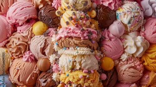  A mound of various-colored ice creams, topped with sprinkles