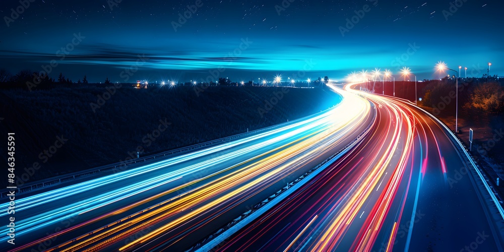 Top view of the expressway at night Take photos using the long exposure technique. Makes the light of the tow truck's headlights appear as a long line. with the beautiful dark blue night sky. Top view of the expressway at night Take photos using the long exposure technique. Makes the light of the tow truck's headlights appear as a long line. with the beautiful dark blue night sky.