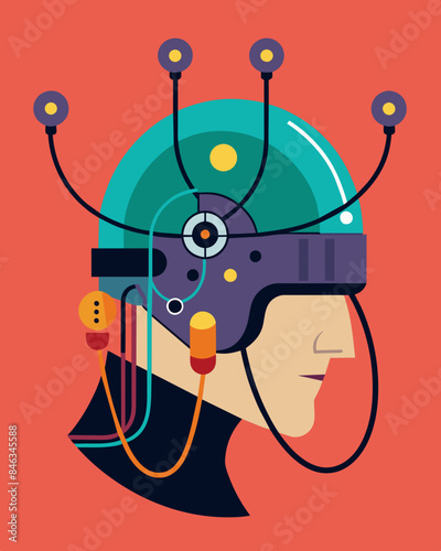 The wires extended beyond the helmet connecting to a complex system designed to control and reprogram the human mind.. Vector illustration