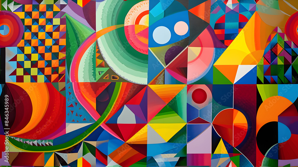 Abstract Geometric Composition with Distressed Textures in Bold Colors