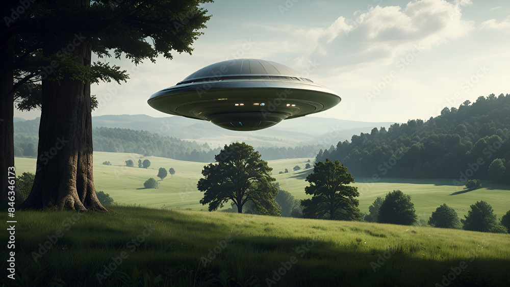 Through the thick canopy of trees, a flying saucer UFO hovering above the rolling hills, its sleek and streamlined form blending seamlessly with the surrounding landscape. Through the thick canopy of trees, a flying saucer UFO hovering above the rolling hills, its sleek and streamlined form blending seamlessly with the surrounding landscape.
