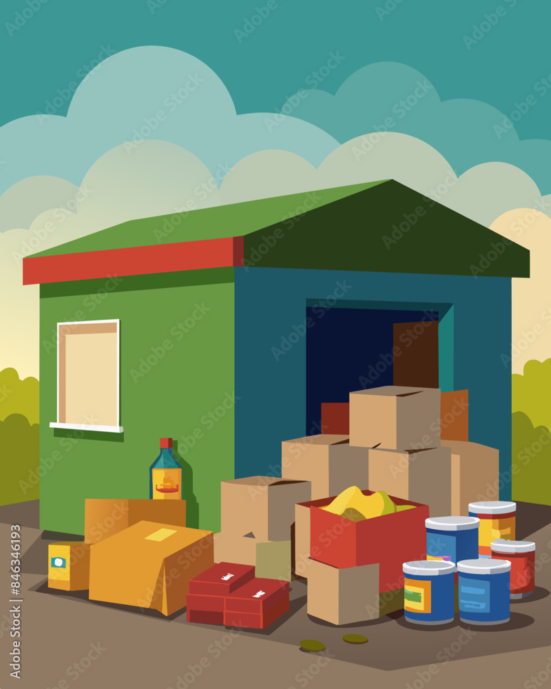 Piles of unod canned goods and boxed items stack up outside the abandoned store destined to never fulfill their purpose of nourishing hungry families.. Vector illustration Piles of unod canned goods and boxed items stack up outside the abandoned store destined to never fulfill their purpose of nourishing hungry families.. Vector illustration