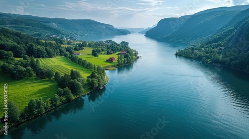Aerial perspective of the serene landscape around Lake Mjøsa, Norway's largest lake