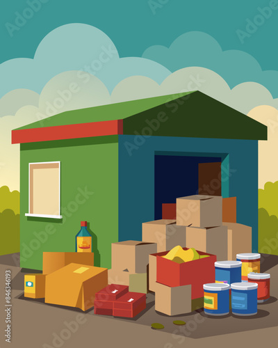 Piles of unod canned goods and boxed items stack up outside the abandoned store destined to never fulfill their purpose of nourishing hungry families.. Vector illustration