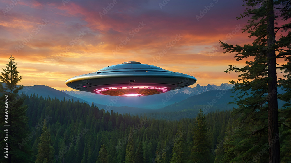 As the sun sets behind the distant mountains, a sleek and futuristic flying saucer UFO hovers silently over a dense forest, its metallic exterior reflecting the vibrant colors of the sky. As the sun sets behind the distant mountains, a sleek and futuristic flying saucer UFO hovers silently over a dense forest, its metallic exterior reflecting the vibrant colors of the sky.