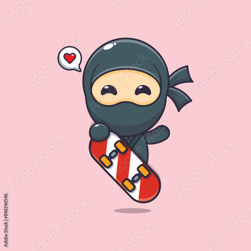 Cute ninja mascot cartoon character with skateboard