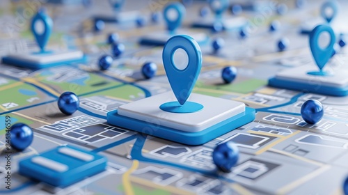 Map with blue location pins and mobile device in a digital navigation concept local SEO photo