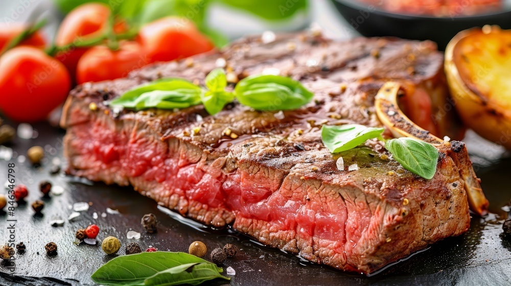  A steak sits atop a cutting board, surrounded by a bowl of tomatoes and a pepper shaker