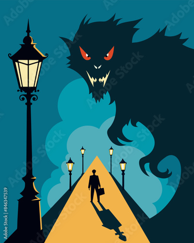 The gaslights shadow seemed to feed off of the fear and uncertainty it created growing bigger and more dominant with each passing moment.. Vector illustration