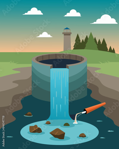 The oncepristine reservoir now overflows with rubbish and sludge a stark reminder of humanitys impact on the environment.. Vector illustration