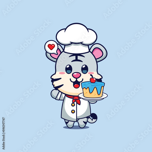 Cute chef white tiger with cake cartoon vector illustration