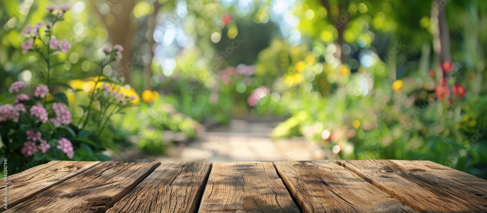 Wooden table top with a blurred garden view, ideal for showcasing products or designing visuals Wooden table top with a blurred garden view, ideal for showcasing products or designing visuals
