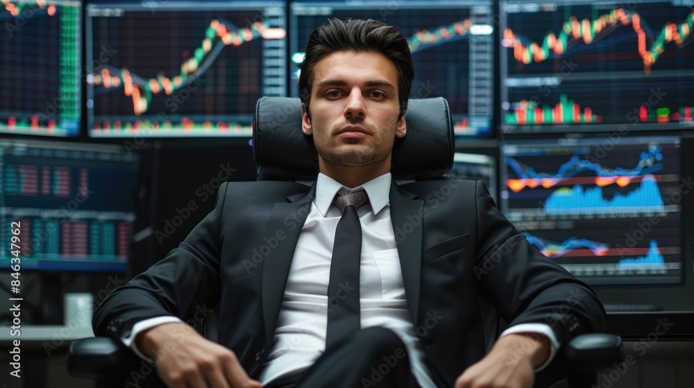 Fototapeta premium rich man in suit sitting, background is full of trading charts.