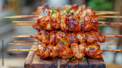  A wooden table holds a stack of chicken skewers, toothpicks protruding