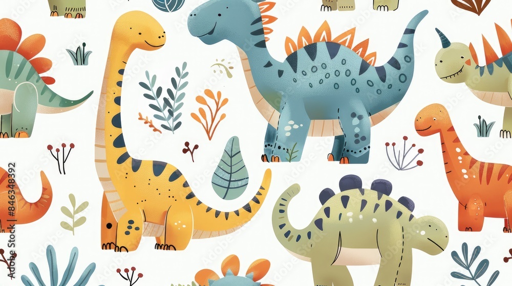 Playful dinosaurs depicted in a whimsical childlike manner are featured in a seamless pattern perfect for your design needs