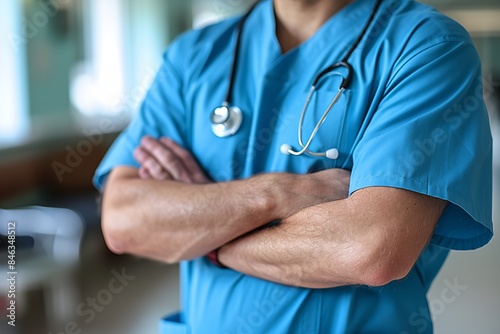 A doctor in blue scrubs stands with arms crossed, looking directly at the viewer © Multiverse