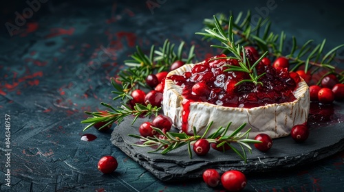  A cheesecake on a slate platter, topped with cranberry sauce and garnished with rosemary sprigs Surrounded by fresh cranberries