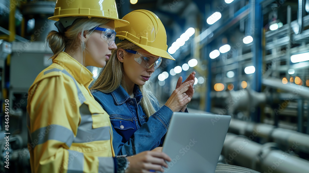 Industrial engineers in hard hats use laptops to discuss new projects. These people make showing gestures while they work in a heavy industry manufacturing environment. Generative AI. Industrial engineers in hard hats use laptops to discuss new projects. These people make showing gestures while they work in a heavy industry manufacturing environment. Generative AI.