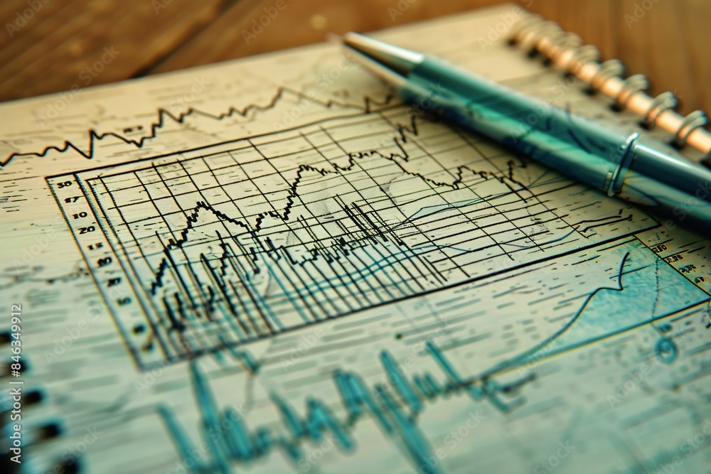 desk workspace with various financial documents charts. The focal point is a spreadsheet chart displaying financial data and statistics, desk workspace with various financial documents charts. The focal point is a spreadsheet chart displaying financial data and statistics,