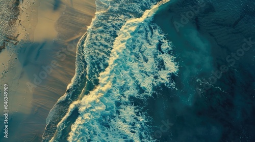 Aerial view of ocean waves crashing on tropical beach