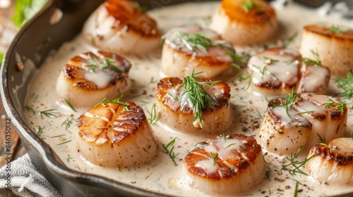  A pan filled with sea scallops, bathed in sauce, and garnished with a sprig of fresh dill