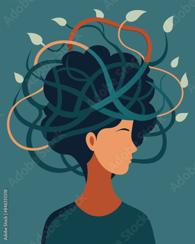 The persons head is a tangled forest of gnarled worries making it hard to find a clear path.. Vector illustration