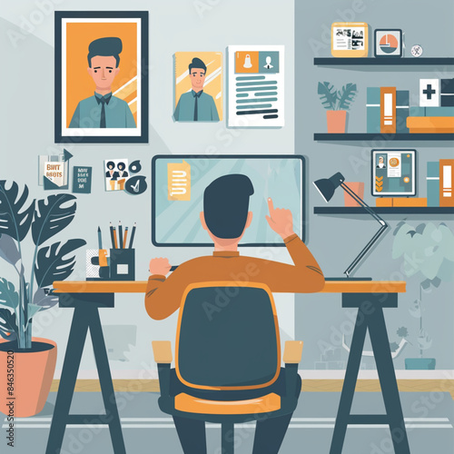 Successful Virtual Interview: Confident Candidate Impresses Smiling Interviewers in High-Tech Home Office Setup