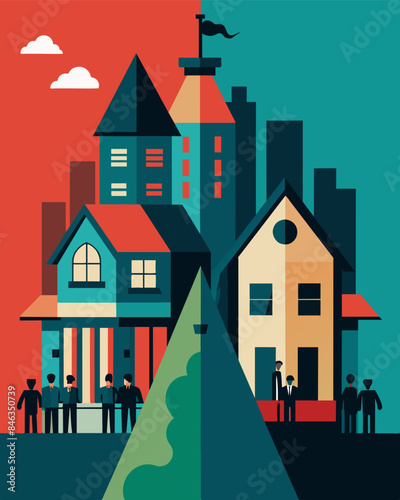 The economic disparity can also be seen in the housing with extravagant mansions and gated communities in one area and cramped and rundown apartments in the other.. Vector illustration