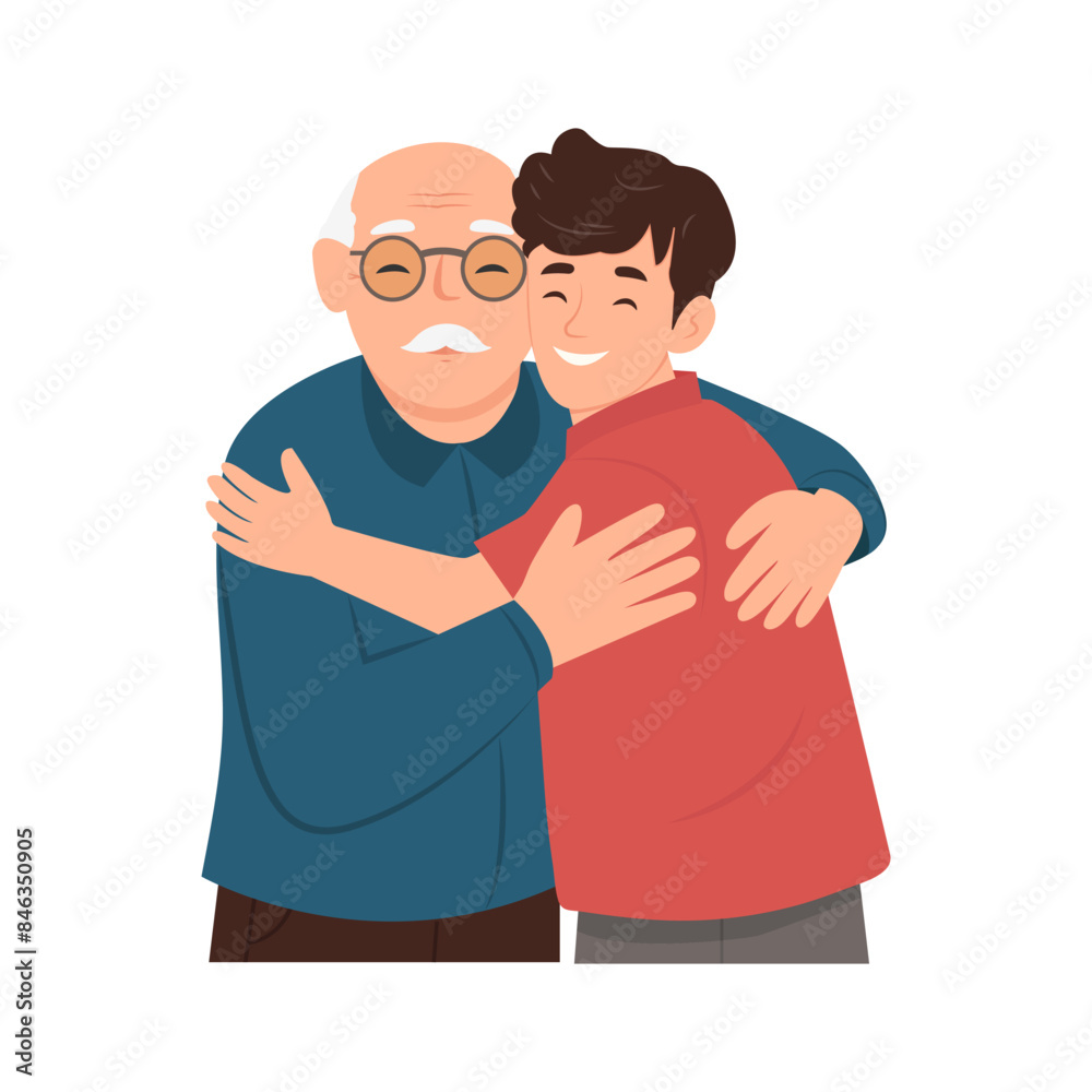 Happy young man hugging her old father with love. Mother and grown up son. Friendly family relationship. Vector flat illustration Happy young man hugging her old father with love. Mother and grown up son. Friendly family relationship. Vector flat illustration