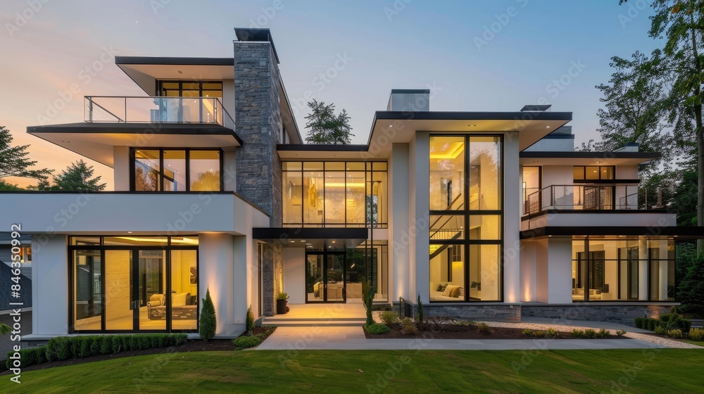 Modern luxury house with an elegant exterior design. Featuring large windows, sleek lines, and warm lighting. 