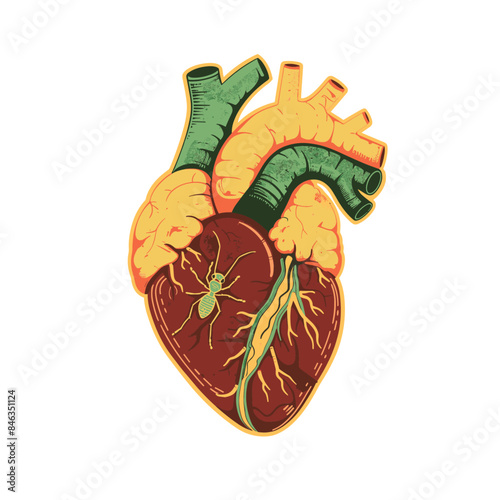 sticker of an anatomical heart with green and yellow veins, with the left half showing two small black spiders crawling on it