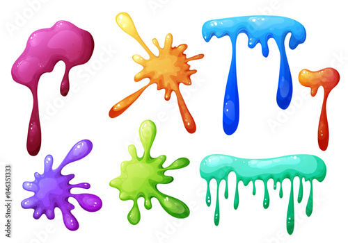 Splat slime mucus collection . Sticky liquid goo spots and blobs. Colorful jelly cartoon snot and smudges. Vector illustration isolated on white background