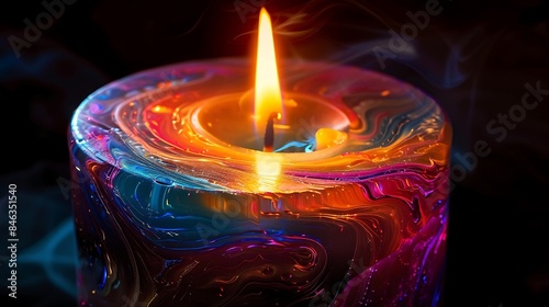 candles isolaed on the background with flowers on the background with text space in the background with candle flames on the candle isolated against  the background of pink and blue and yellow color   photo