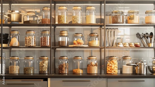 A modern kitchen setup featuring glass jars containing dried goods and ingredients displayed on open shelves, while cooking utensils are stored in drawers below for easy access.