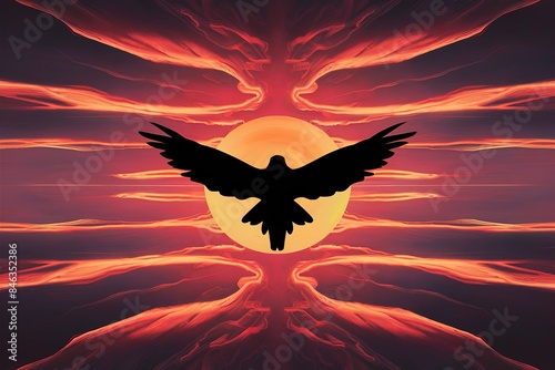 A vivid and abstract interpretation of a silhouette bird flying across a breathtaking sunset sky photo