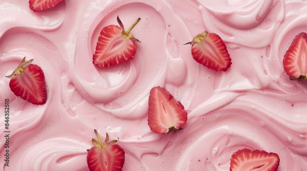 A tight shot of strawberries atop a pink frosted surface, adorned with swirls and icing drops A tight shot of strawberries atop a pink frosted surface, adorned with swirls and icing drops