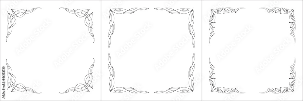 Set of three vector frames. Elegant black and white monochrome ornamental border for greeting cards, banners, invitations. Vector frame for all sizes and formats. Isolated vector illustration. Set of three vector frames. Elegant black and white monochrome ornamental border for greeting cards, banners, invitations. Vector frame for all sizes and formats. Isolated vector illustration.