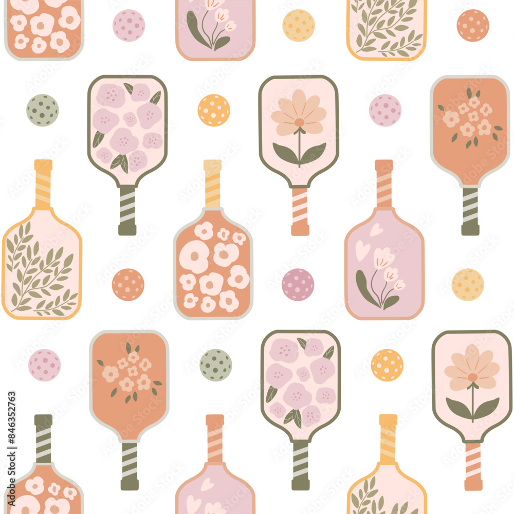 Fototapeta premium Floral pickleball paddles seamless pattern with balls, flowers. Vector summer game repeat background. Female tennis print in pastel colors, wallpaper, textile, fabric, wrapping paper.