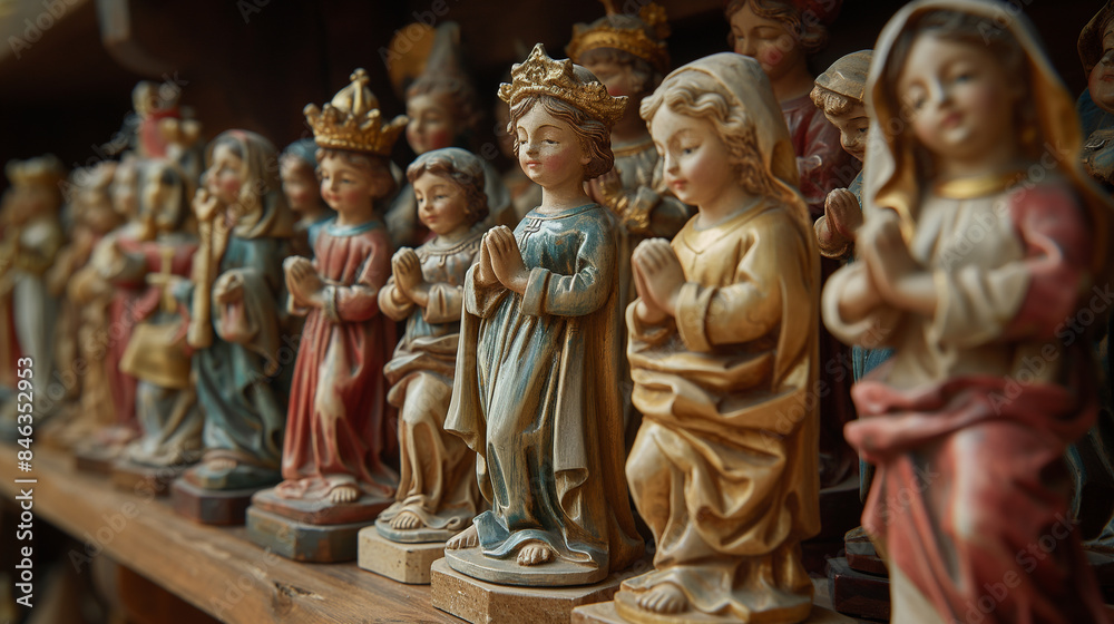 Close up of detailed manger with figurines, Christian figurines