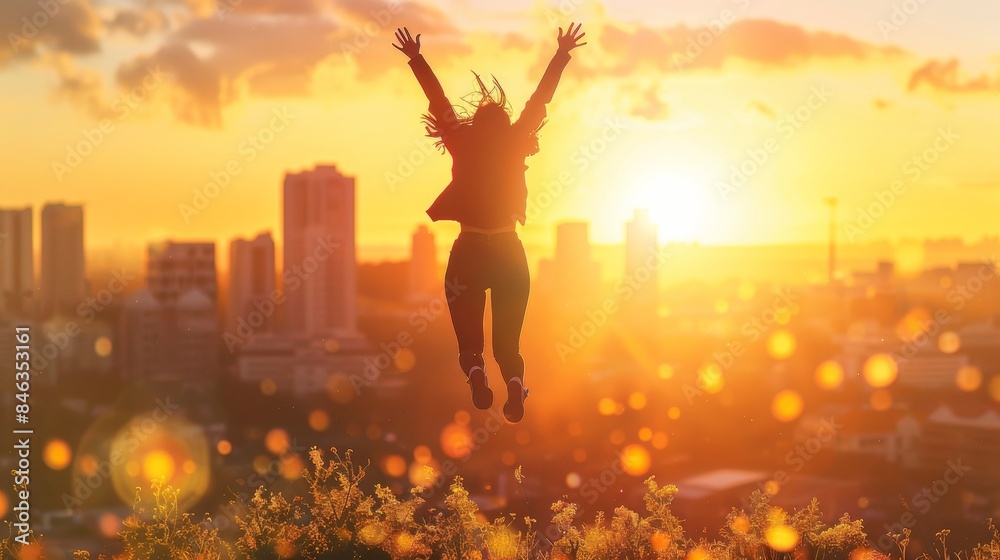 Jumping with Joy at Sunset Over City Skyline. Jumping with Joy at Sunset Over City Skyline.