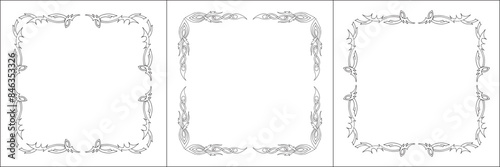Elegant black and white frame with Scandinavian ornament, decorative border, corners for greeting cards, banners, business cards, invitations, menus. Isolated vector illustration.	