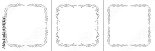 Elegant black and white frame with Scandinavian ornament, decorative border, corners for greeting cards, banners, business cards, invitations, menus. Isolated vector illustration.	