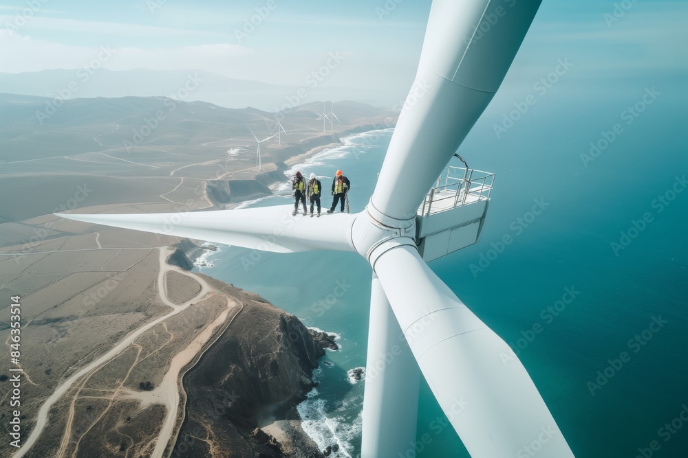 Fototapeta premium Wind turbine maintenance workers conducting highaltitude inspection on turbine blade with a view of a scenic coastline. The team ensures safety and efficiency of renewable energy sources
