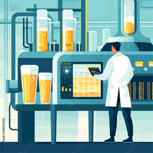Flat illustration of an organic health product lab, with bottles and test tubes on the counter