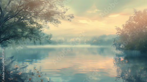Lac serein à l'aube avec arbre.