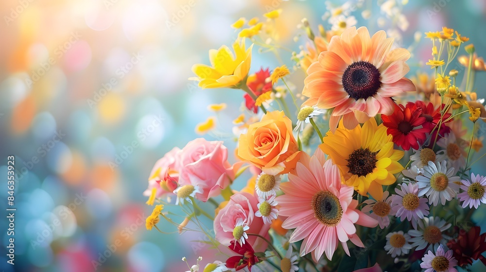 Fototapeta premium Vibrant Floral Bouquet Against Soft Watercolor Backdrop