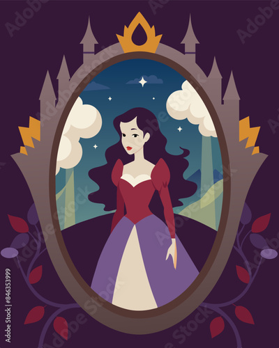 The mirror in the fairytale castle showed a beautiful maiden in place of the wicked queen luring her admirers to do her bidding.. Vector illustration