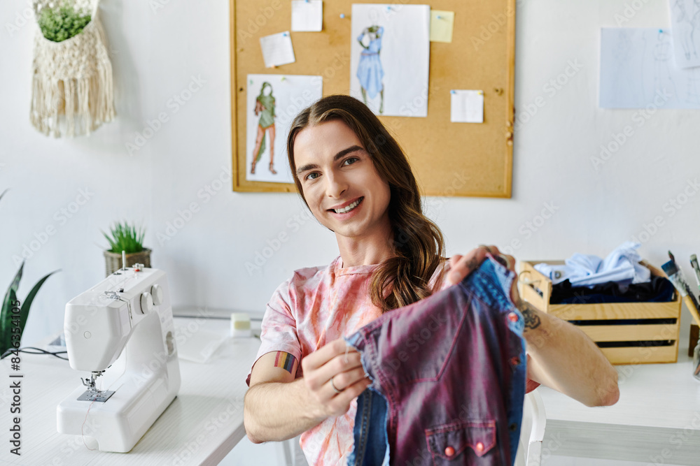 A young man smiles as he shows off a restored shirt in his DIY clothing restoration atelier. A young man smiles as he shows off a restored shirt in his DIY clothing restoration atelier.
