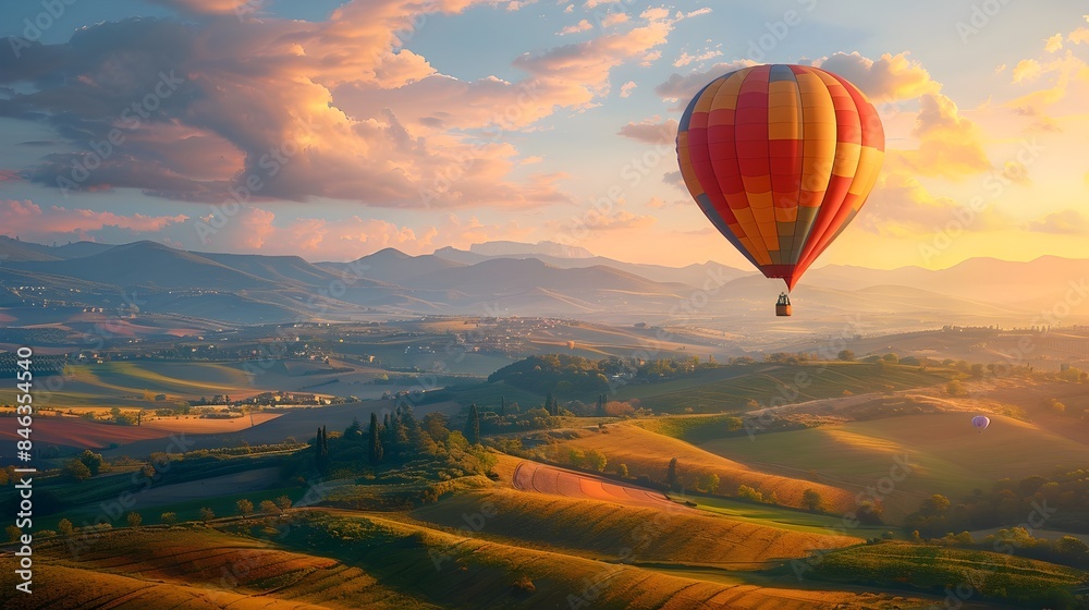 Fototapeta premium Enchanting Aerial Voyage Over Picturesque Countryside with Vibrant Hot Air Balloon