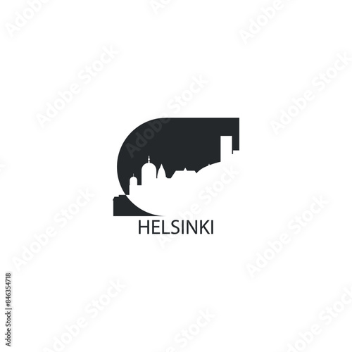 Helsinki skyline, downtown panorama logo, logotype. Finland capital city badge contour, isolated vector pictogram with cathedral, monuments, landmarks, skyscrapers